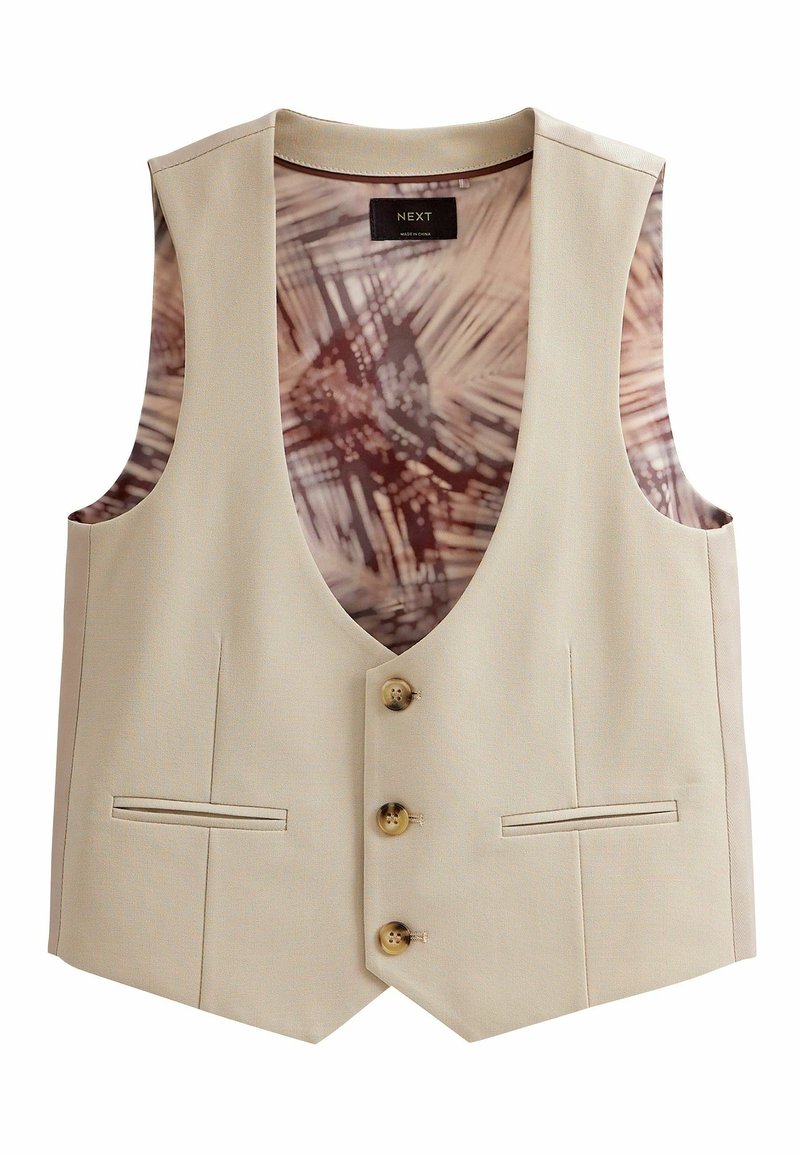 Veste sans manches beige avec trois boutons et poches passepoilées, dotée d’une doublure intérieure à motif abstrait brun et crème.