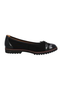 Ballerine nere con una punta texurizzata e un fiocco decorativo, dotate di suola in gomma e dettagli in pelle liscia.