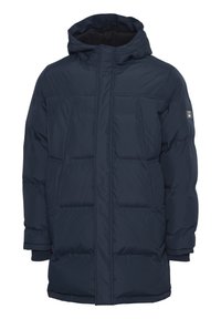 Navy blue puffer jacket with a hood, featuring a quilted design, elastic cuffs, and two front pockets, made of smooth, lightweight material.
