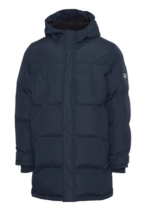 Chaqueta de abrigo azul marino con capucha, que presenta un diseño acolchado, puños elásticos y dos bolsillos delanteros, fabricada con un material suave y ligero.