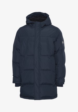 Navy blue puffer jacket with a hood, featuring a quilted design, elastic cuffs, and two front pockets, made of smooth, lightweight material.