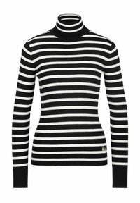 Schwarz-weiß gestreifter Rollkragenpullover, gerippte Textur, schlanker Schnitt, mit einem kleinen goldenen Logo-Akzent an der Taille.