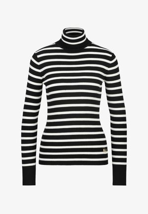 Black and white striped turtleneck sweater, ribbed texture, slim fit, featuring a small gold logo accent at the waist.