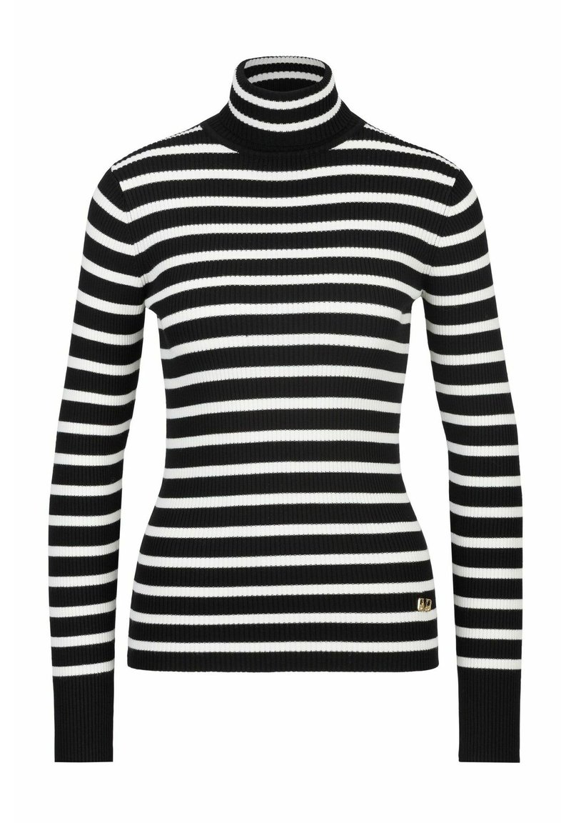 Schwarz-weiß gestreifter Rollkragenpullover, gerippte Textur, schlanker Schnitt, mit einem kleinen goldenen Logo-Akzent an der Taille.