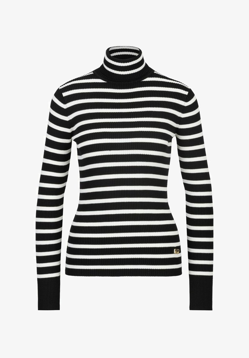 Schwarz-weiß gestreifter Rollkragenpullover, gerippte Textur, schlanker Schnitt, mit einem kleinen goldenen Logo-Akzent an der Taille.