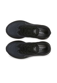 Black athletic shoes with a textured surface, featuring a lace-up design and a rounded toe. The sole is flexible and cushioned for comfort.