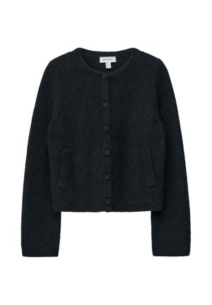 Schwarze Strickjacke mit rundem Ausschnitt, langen Ärmeln und vorderer Knopfleiste. Verfügt über zwei Seitentaschen und eine gerippte Struktur.