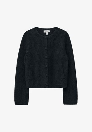 Knitted black cardigan with a round neckline, long sleeves, and front button closure. Features two side pockets and ribbed texture.