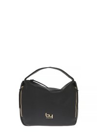 Borsa a tracolla in pelle nera con una forma curva, due dettagli con zip dorati e un logo sul davanti. Presenta un manico singolo per il trasporto.