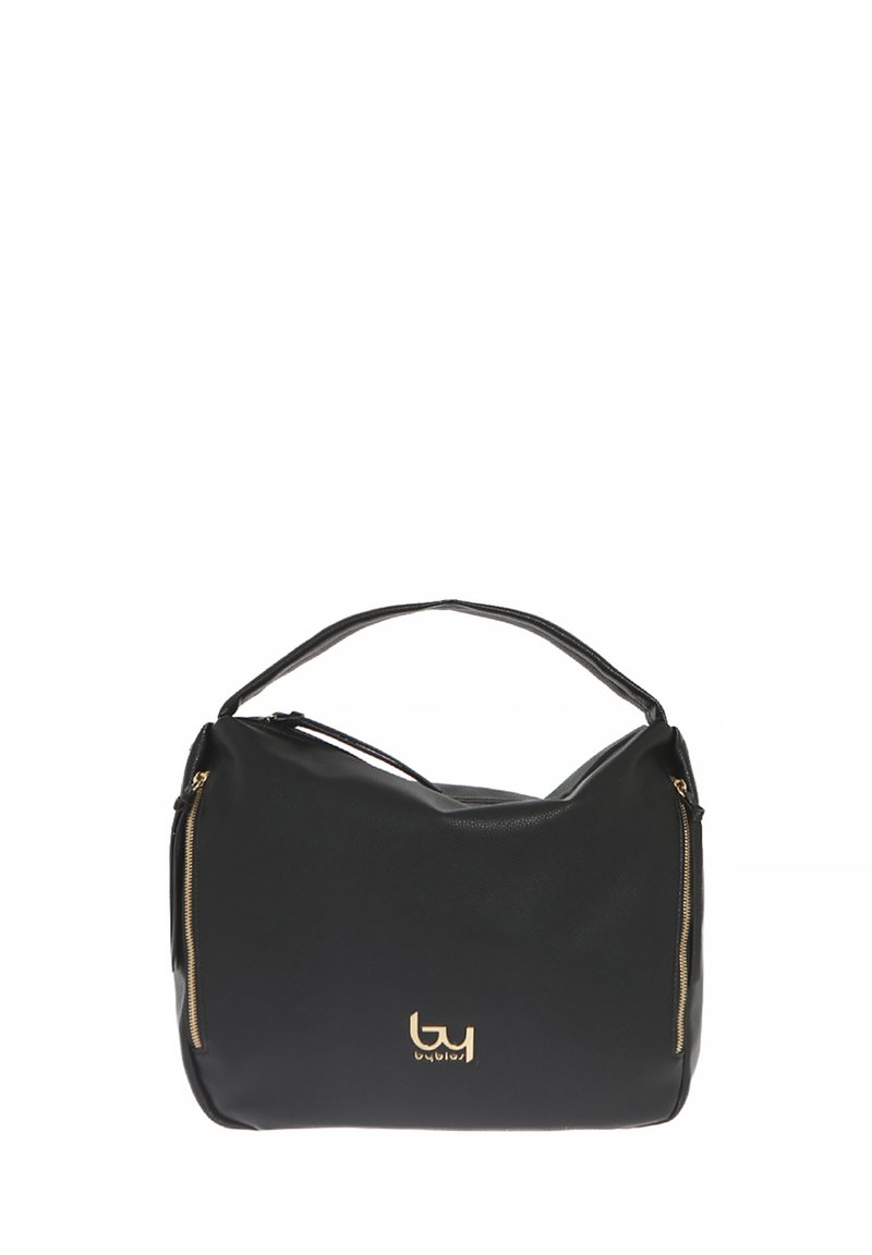 Borsa a tracolla in pelle nera con una forma curva, due dettagli con zip dorati e un logo sul davanti. Presenta un manico singolo per il trasporto.