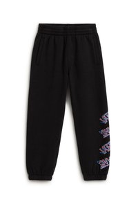 Pantalones de chándal negros con cintura y puños elásticos, bolsillos laterales y logo "VANS" multicolor apilado verticalmente en la pierna derecha.