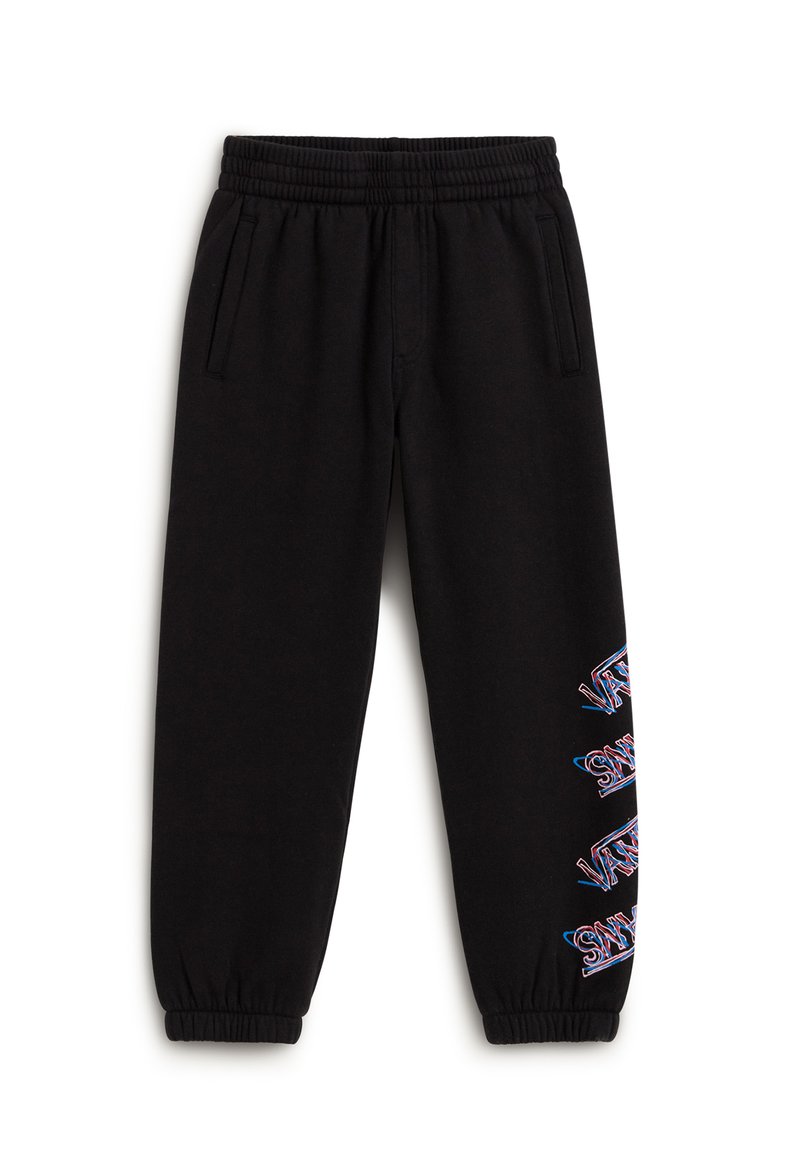 Pantalones de chándal negros con cintura y puños elásticos, bolsillos laterales y logo "VANS" multicolor apilado verticalmente en la pierna derecha.