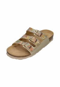 Three-strap slide sandals feature a metallic gold base with multicolored patterned straps and adjustable metal buckles. Cork-textured sole.