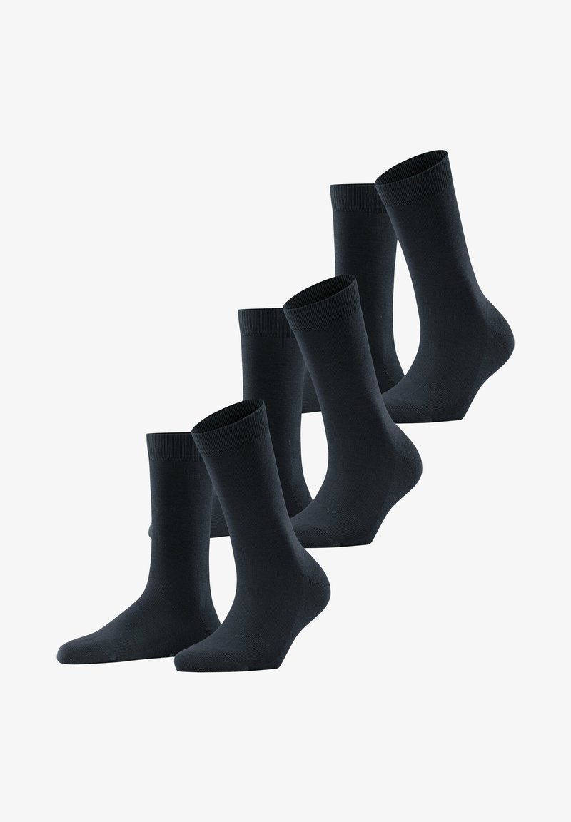 Five pairs of knee-high, dark blue cotton socks feature ribbed cuffs, smooth texture, and reinforced toes for durability.
