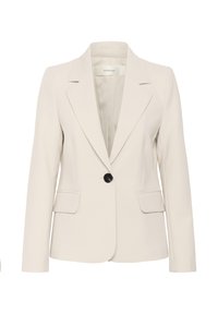 Beige bleiseri, jossa on räätälöity istuvuus, yksinkertainen musta nappikiinnitys, viistetyt läpät, kaksi etutaskua ja sileä, teksturoitu kangas.