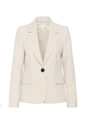 Beige blazer with a tailored fit, single black button closure, notch lapels, two front pockets, and smooth, textured fabric.