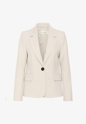 Beige kavaj med skräddarsydd passform, en svart knappstängning, slagkrage, två framfickor och ett mjukt, strukturerat tyg.