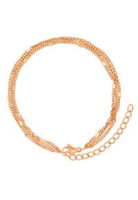 Bracciale a catena in oro rosa con fili sovrapposti, caratterizzato da maglie testurizzate e chiusura a moschettone. Comprende una catena di estensione regolabile.