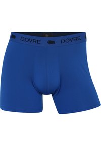 Blå boxershorts lavet af glat stof, med et behageligt elastisk bæltedrag med sort branding foroven.