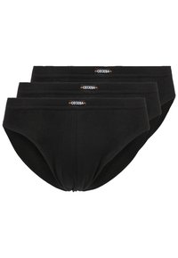 Pack de trois slips en coton noir, présentant une texture lisse, une ceinture élastique et une étiquette en logo à l'avant. Design de slip classique.