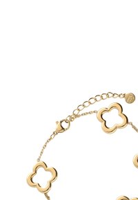 Bracciale in oro con link decorativi a forma di fiore. Superficie liscia e lucida con chiusura a gancio e catena estesa per la regolazione della dimensione.