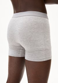 Graue Baumwollboxershorts mit einem hellgrauen elastischen Bund, die eine glatte Textur und eine taillierte Passform aufweisen, von hinten betrachtet.