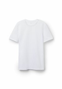 Weißes Baumwoll-T-Shirt mit Rundhalsausschnitt und kurzen Ärmeln. Verfügt über eine glatte Textur und eine normale Passform. Keine sichtbaren Muster oder Akzente.