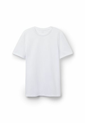 Weißes Baumwoll-T-Shirt mit Rundhalsausschnitt und kurzen Ärmeln. Verfügt über eine glatte Textur und eine normale Passform. Keine sichtbaren Muster oder Akzente.