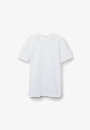 Biała bawełniana koszulka T-shirt z okrągłym dekoltem i krótkimi rękawami. Charakteryzuje się gładką fakturą i regularnym krojem. Bez widocznych wzorów ani akcentów.