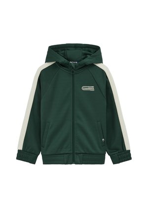 Zelen pulover s kapuco na zadrgo z belimi črtami na rokavih, elastičnimi manšetami, sprednjimi žepi, kapuco in logotipom "Game Changers" na levi strani prsnega koša.