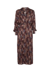 Robe longue marron en tissu lisse, ornée d'un motif géométrique avec des formes arrondies dans des nuances variées de gris et de beige. Col en V.