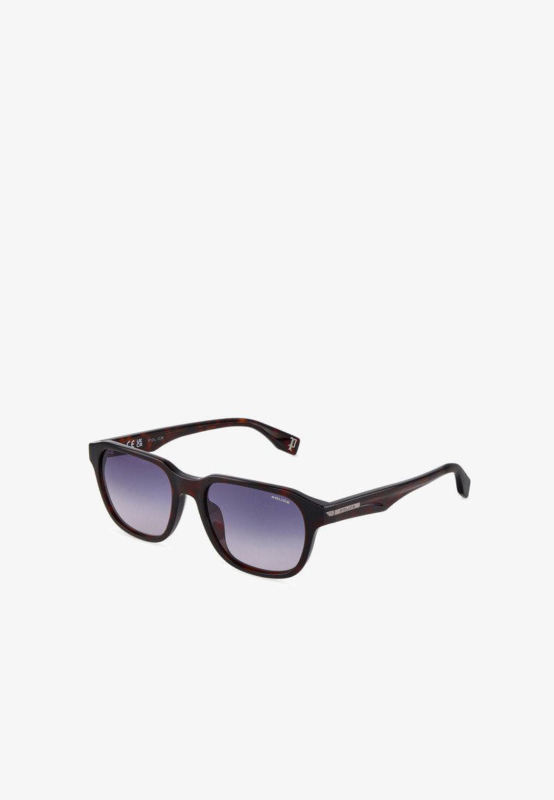 Lunettes de soleil rectangulaires écaille foncé avec verres gris dégradés et branches fines avec un petit détail métallique du logo.