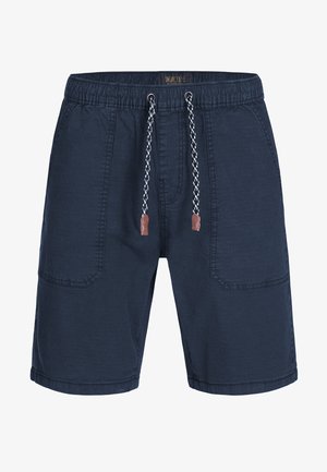 Tengerészkék színű férfi hétköznapi rövidnadrág elasztikus derékrésszel, fehér és fekete megkötővel, valamint nagy első zsebbel.