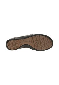 Schwarze Schuhsohle mit strukturiertem braunen Profil. Sie verfügt über ein wellenförmiges Muster und eine ausgeprägte Lauffläche für besseren Halt. Hergestellt aus Gummi.