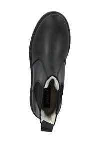Schwarze Lederstiefelette mit elastischen Seitenpartien und einer strukturierten Sohle. Sie verfügt über ein weiches, weißes Futter und eine Zuglasche an der Ferse für einfaches Anziehen.