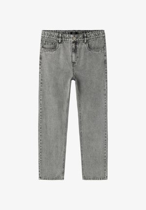 Graue Denim-Jeans mit geradem Schnitt, ausgestattet mit einem Fünf-Taschen-Design und einem normalen Bund. Weiche Textur und verwaschener Look.