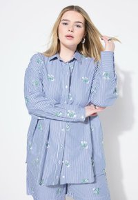 Camicia a righe blu e bianca con ricami floreali in verde e bianco, caratterizzata da una vestibilità rilassata e maniche lunghe.
