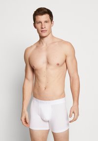 Weiße Baumwoll-Boxershorts mit einem elastischen, markenbezogenen Bund. Das Modell präsentiert ein enganliegendes Design, eine glatte Textur und keine zusätzlichen Muster oder Akzente.