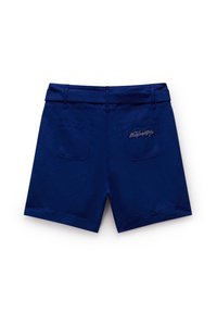 Pantaloni corti blu navy in materiale leggero, con vita, due tasche posteriori e dettaglio logo ricamato sulla tasca destra.