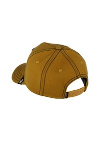 Cappellino da baseball giallo con forma strutturata, cuciture nere a contrasto, chiusura a scatto in plastica e dettagli a pannello sulla corona.