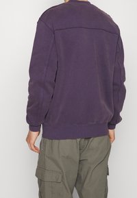 Fioletowa bluza crewneck z prążkowanymi mankietami i dołem, wykonana z fakturowanej tkaniny o prostym wzorze. Noszona z oliwkowymi spodniami typu cargo.