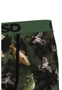 Boxer shorts in green with a black waistband, featuring a fish and duck pattern. Material is soft with a textured appearance.