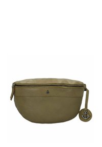 Borsa a sacchetto in pelle di un beige chiaro con chiusura a zip, logo dell'ancora impresso e un ciondolo rotondo removibile. Texture liscia, forma ovale.