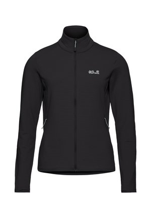 Zwarte jas met ritssluiting en hoge kraag, gemaakt van gestructureerde stof. Heeft zijzakken met ritsen en een klein logo op de borst.