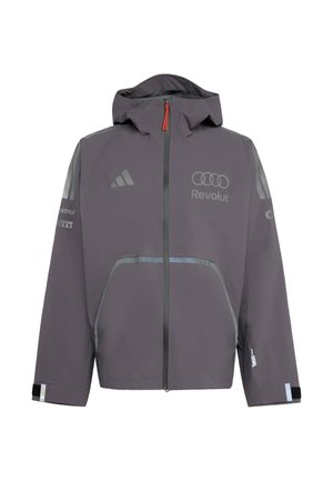 Veste imperméable grise avec capuche, dotée d'accents réfléchissants, fermeture éclair, et logos sur la poitrine et les manches. Manches avec velcro incluses.