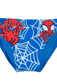 Blaue Schwimmslips mit rotem Spinnen- und "SPIDEY"-Grafik sowie Netzmuster. Glattes Material, elastischer Bund und figurbetontes Design.