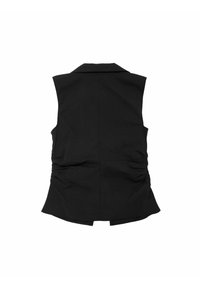 Schwarze ärmellose Weste mit klassischem Kragen. Verfügt über geraffte Details an den Seiten und einen leicht ausgestellten Saum. Glatte Stoffstruktur.