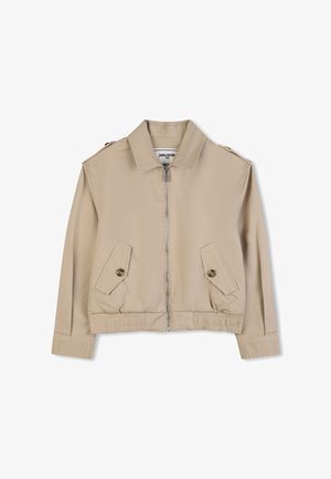 Blouson aviateur beige avec fermeture éclair à l'avant, poches à boutons-pression, ourlet côtelé et épaulettes. Confectionné en tissu lisse et léger.