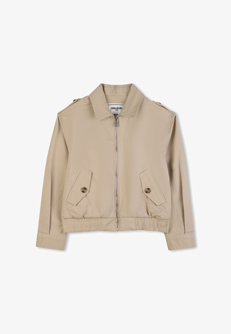 Blouson aviateur beige avec fermeture éclair à l'avant, poches à boutons-pression, ourlet côtelé et épaulettes. Confectionné en tissu lisse et léger.