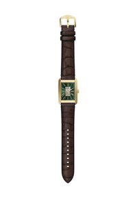 Rechthoekig horloge met een groene wijzerplaat, gouden kast, Romeinse cijfers en een bruine leren band met krokodillenpatroon. Gesp sluiting.